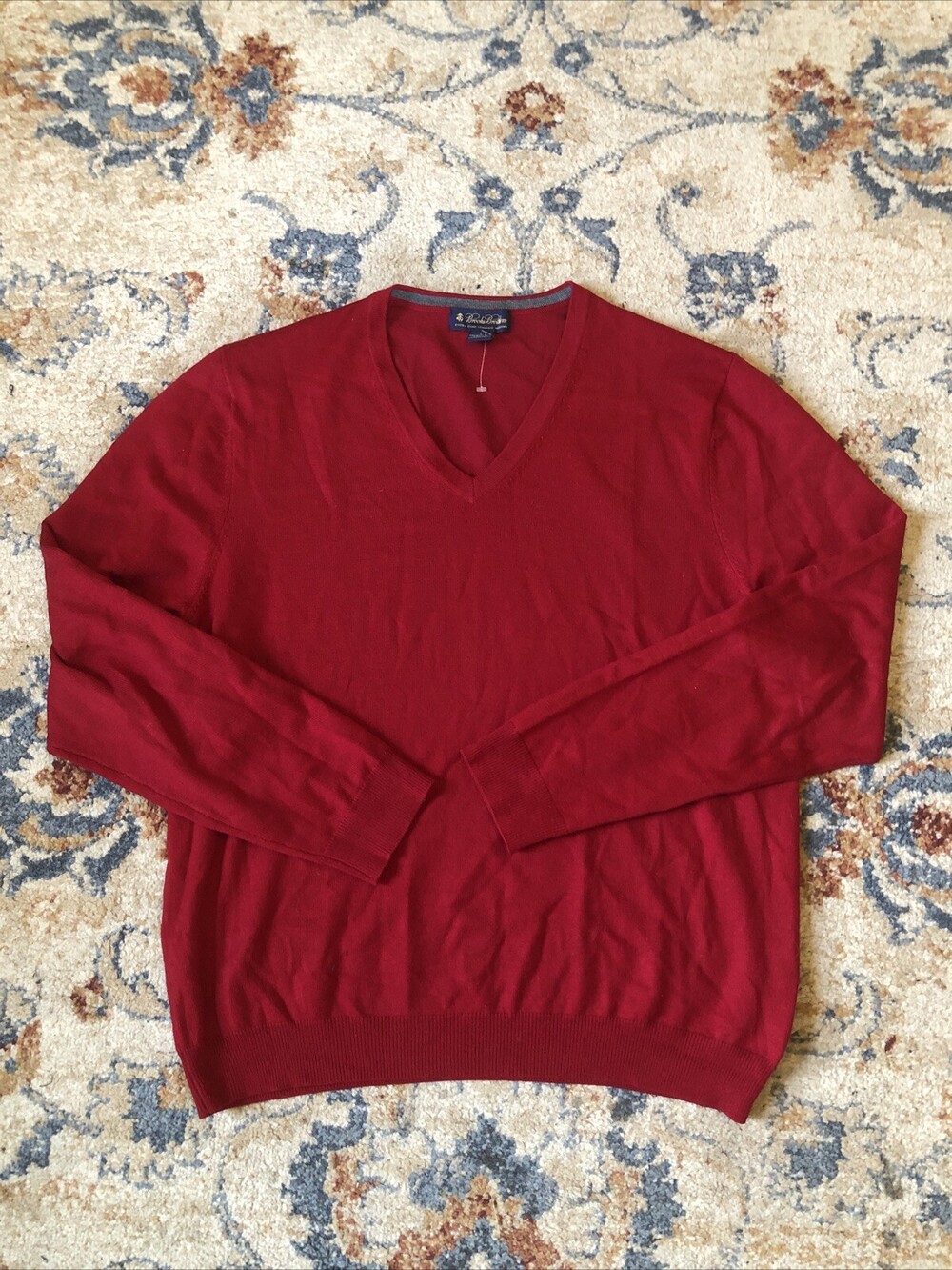 Brooks Brothers Sweater Mens Large Red V Neck Merino Wool Pullover Long Sleeve